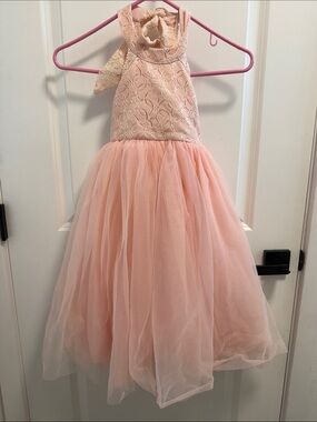 Girls Pink Lace Halter Tulle Party Dress